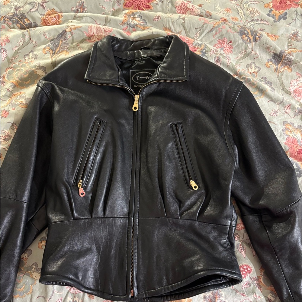 Black Leather Jacket with Zipper Details